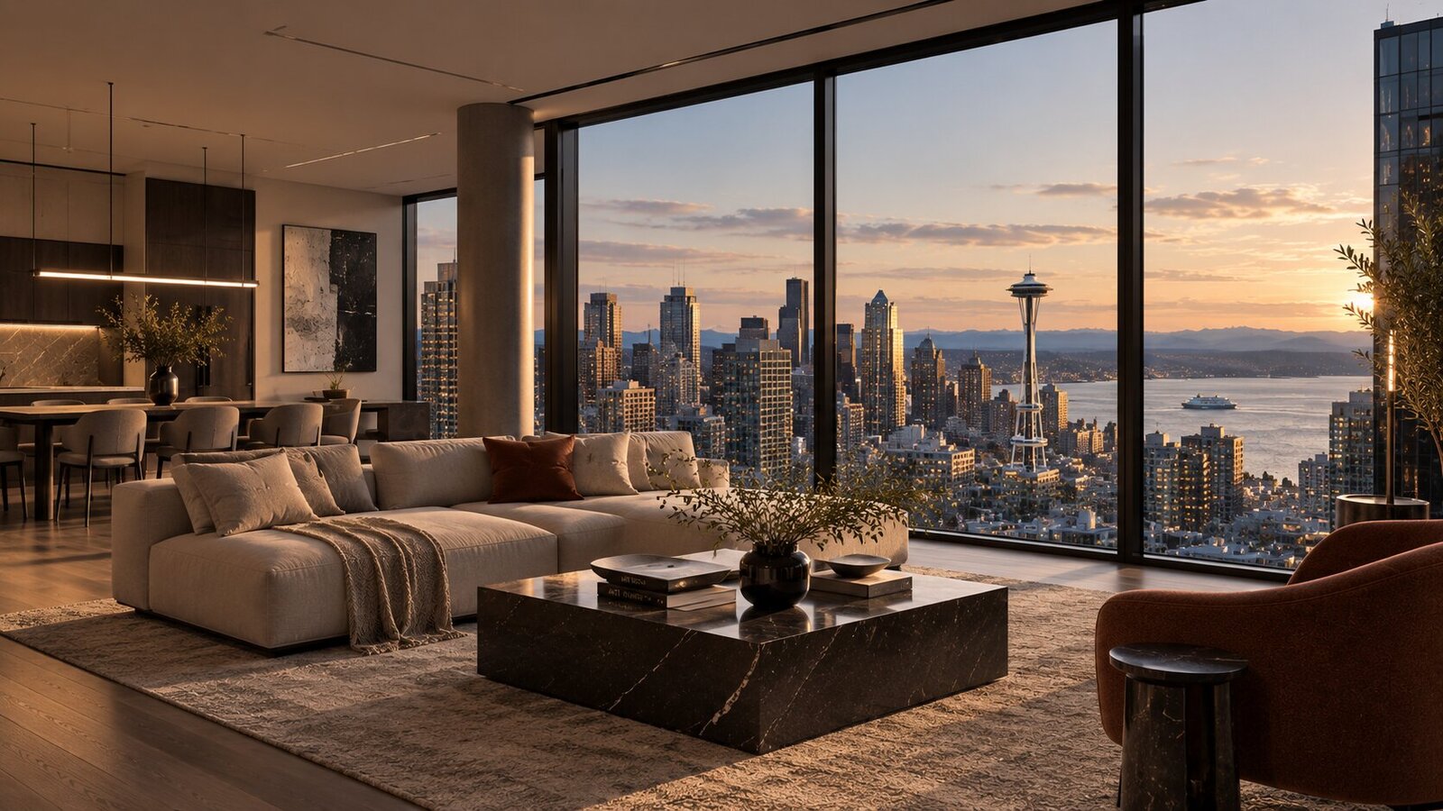 Converted apartment interior with natural light in a former office tower