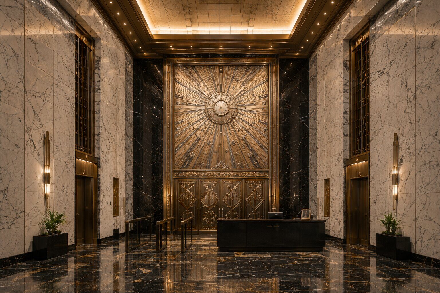 Art Deco lobby interior with sunburst clock design