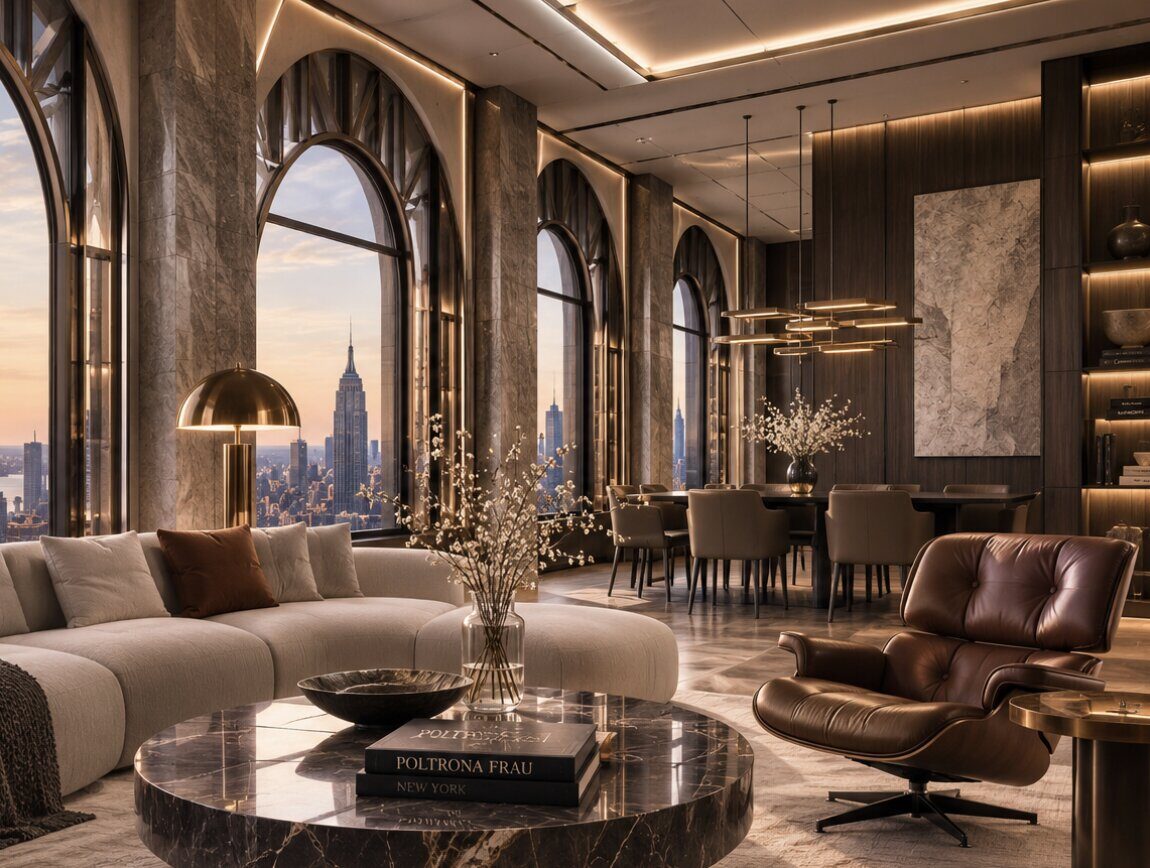 Luxury residential interior with Empire State Building view
