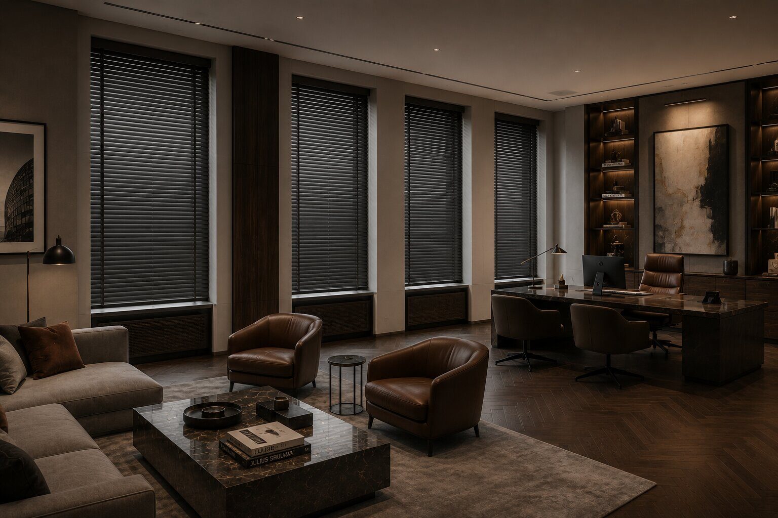 Dark, updated private office interior with leather furniture