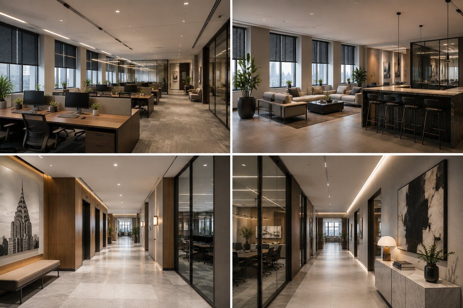 Modern office corridor with Chrysler Building artwork on the wall