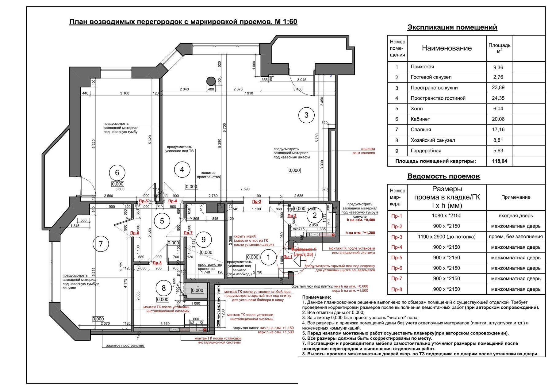 Partition plan with marked openings