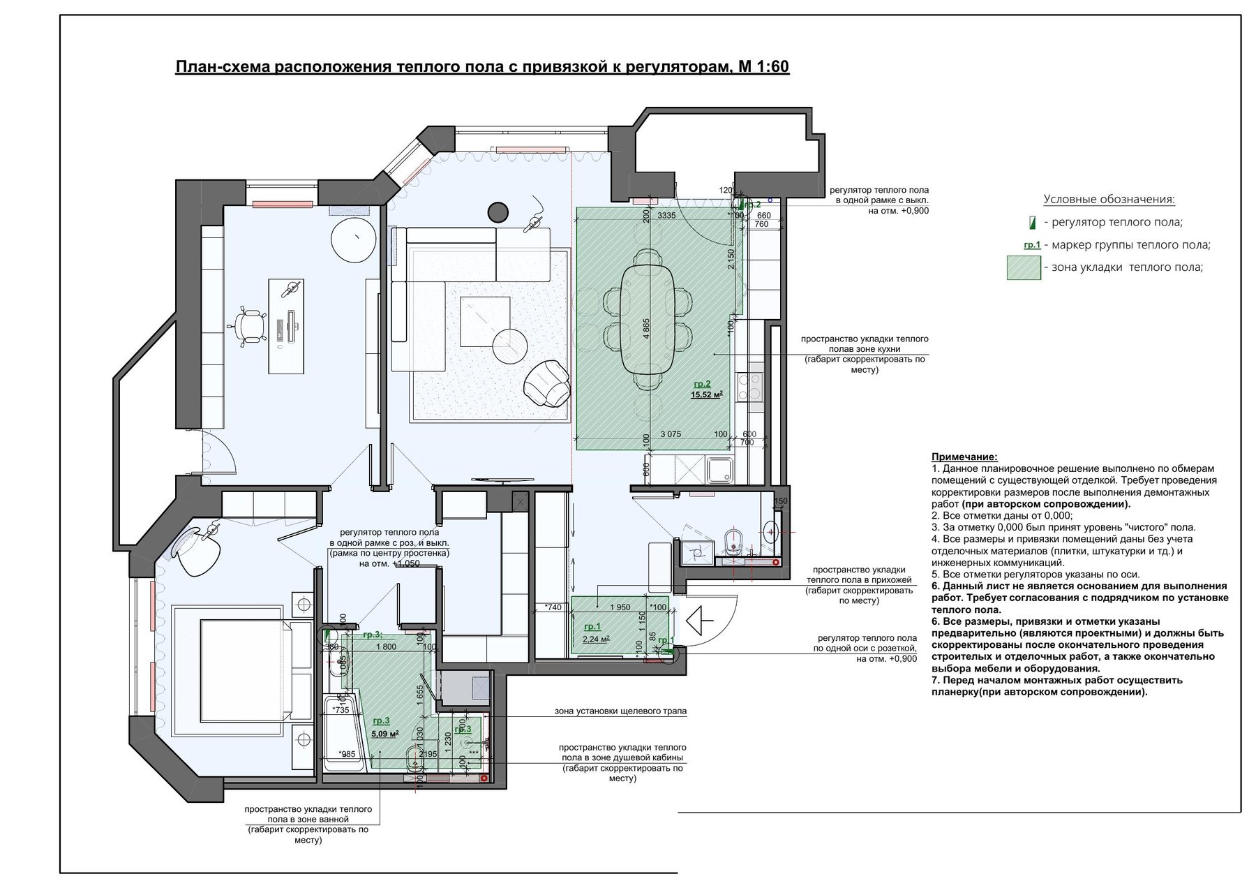 Radiant floor heating layout with thermostat locations