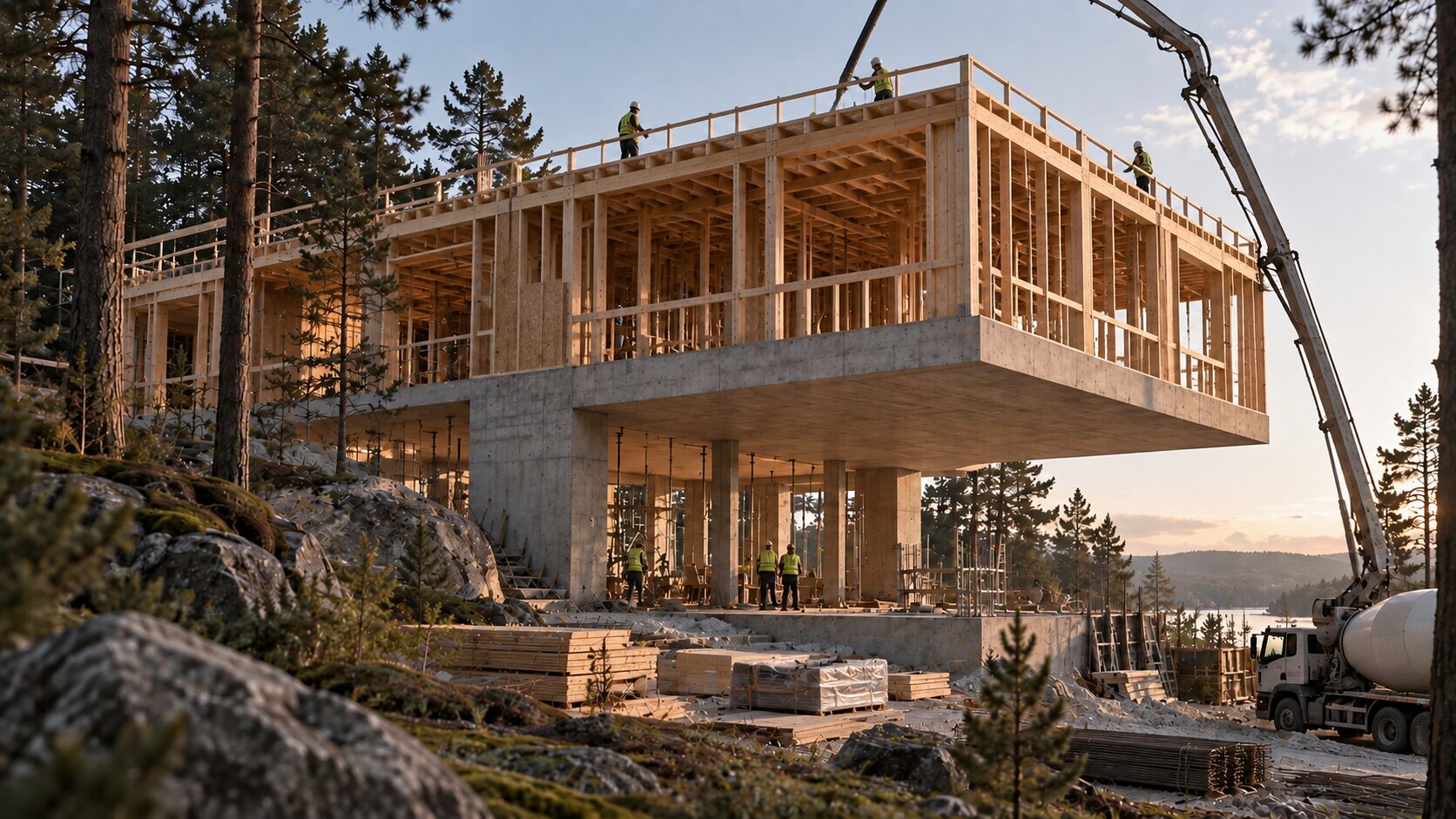 Combining monolithic construction with a frame structure in one house
