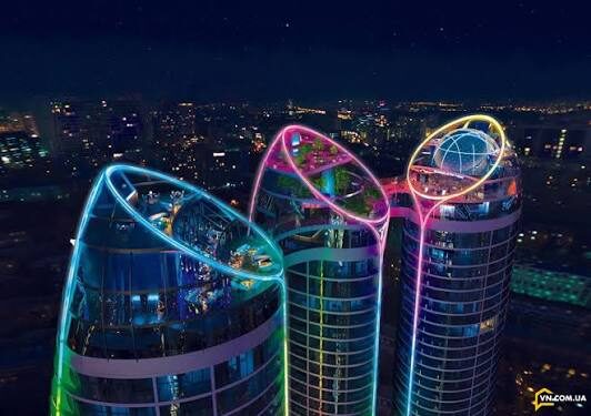 Aerial view of the Sky Walk connecting Taryan Towers' three towers