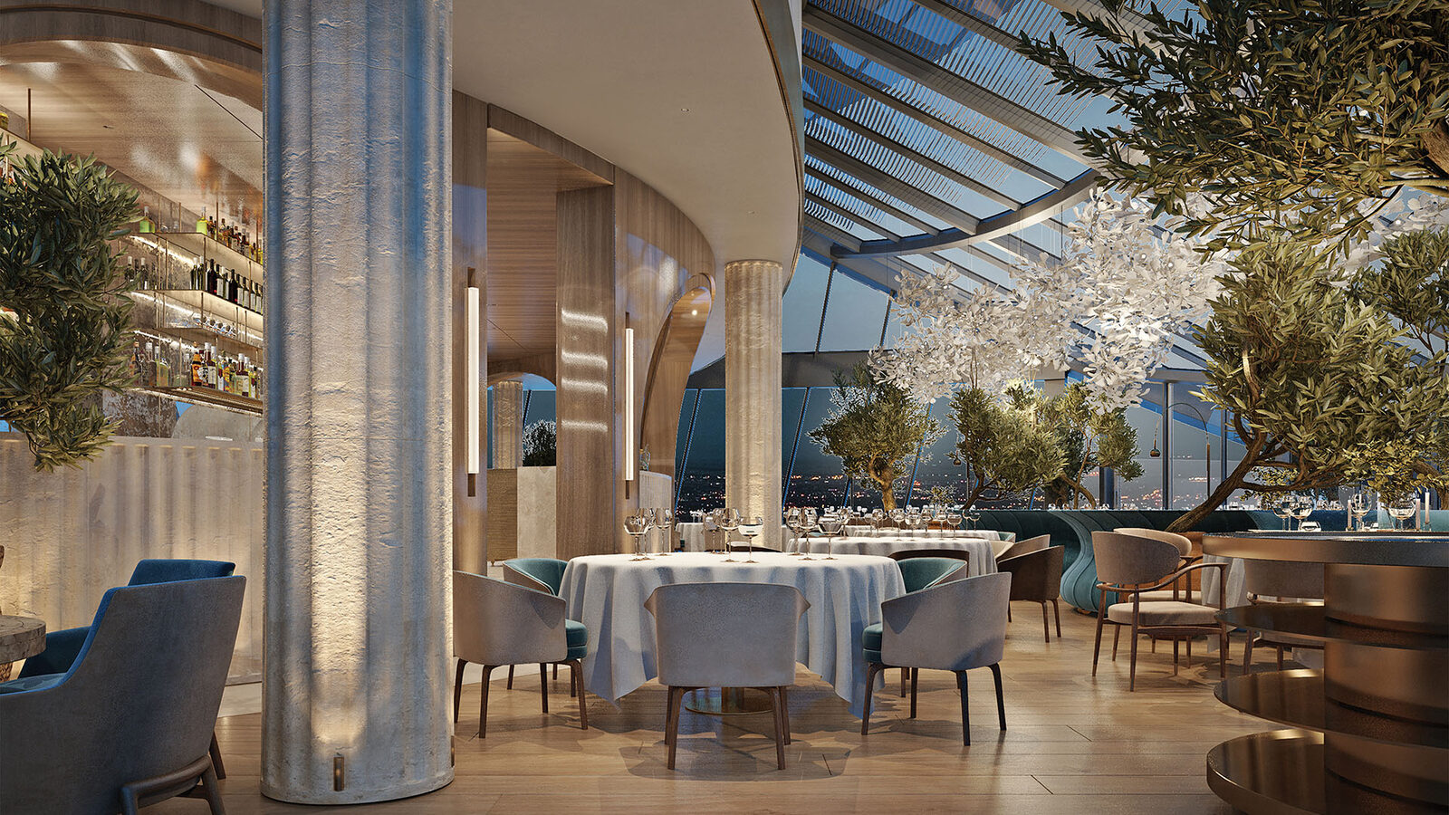 Interior of the rooftop restaurant at Taryan Towers