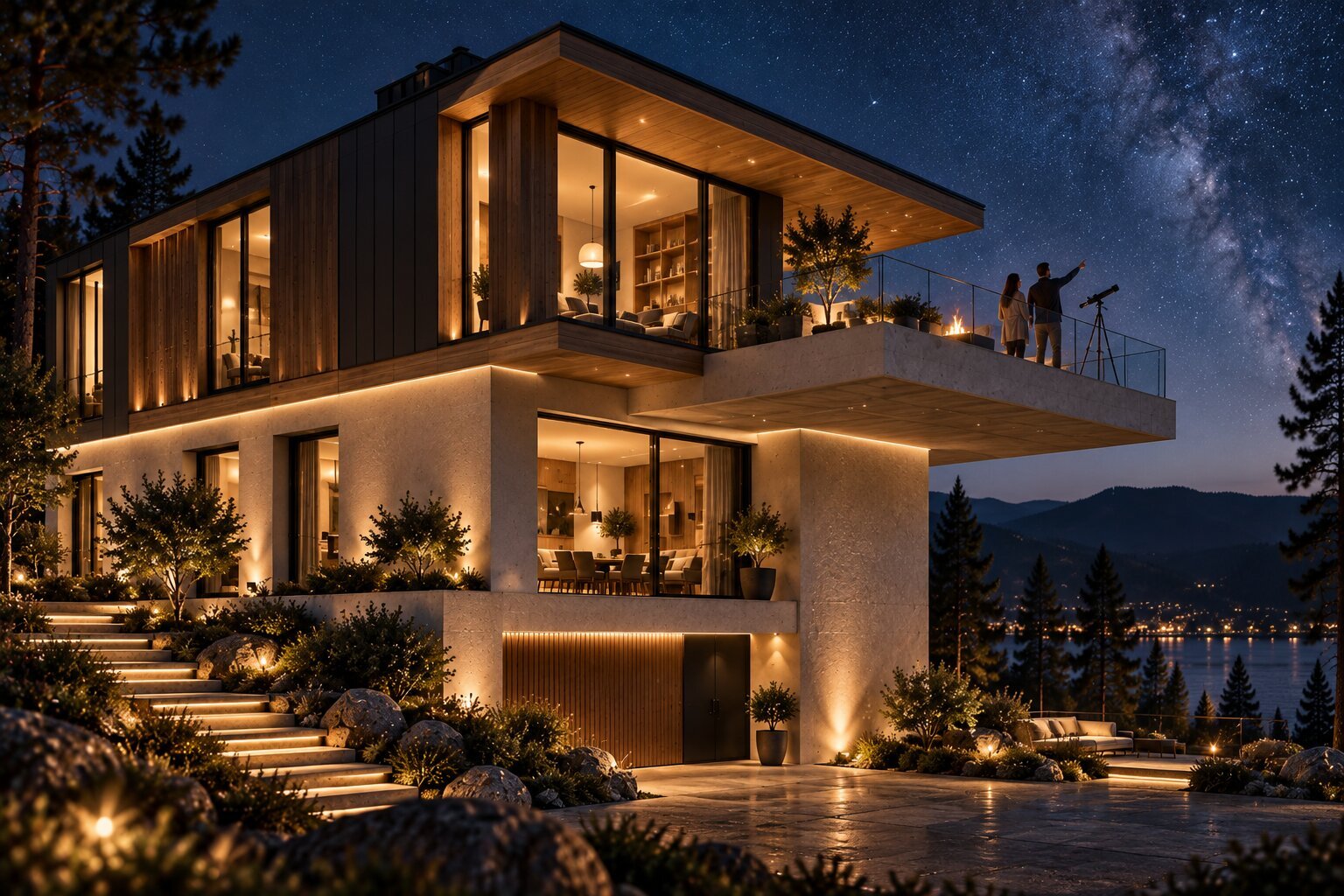 Modern private house in the evening